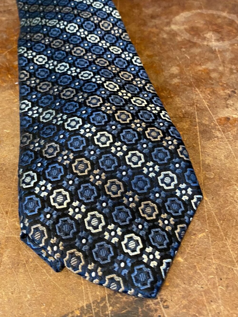 Pronto Uomo Navy Blue Black Tie Geometric Medallion 100% Silk Jacquard Brocade